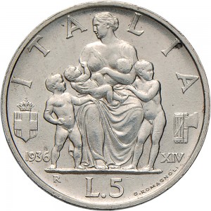 1599R 5 lire 1936 XIV Italia feconda Roma Argento