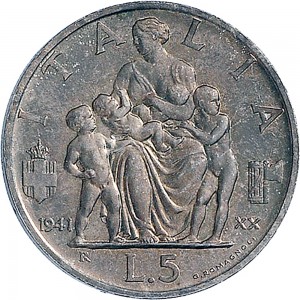 1605R 5 lire 1941 XX Italia feconda Roma Argento