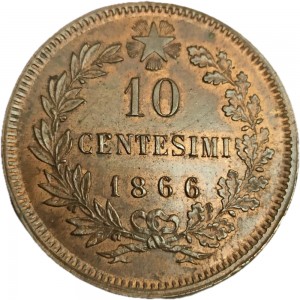 1330R 10 Centesimi 1866 Valore entro semicorona di alloro e quercia 2° tipo Strasburgo Bronzo