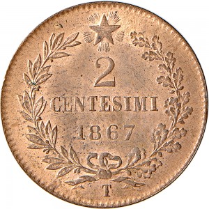 1236R 2 centesimi 1867 Valore entro semicorona di alloro e quercia Torino Rame