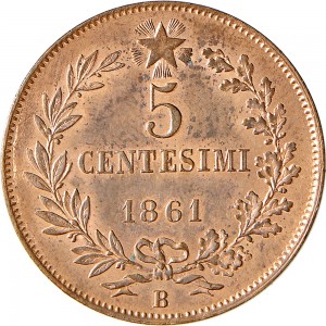 1225R 5 centesimi 1861 Valore entro semicorona di alloro e quercia Bologna Rame