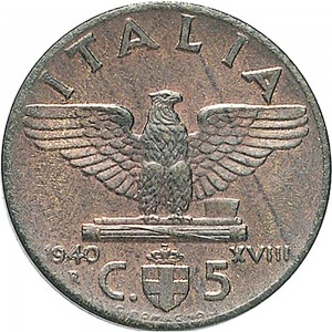 1671R 001 5 centesimi 1940 XVIII Aquila romana 2° tipo Roma Rame