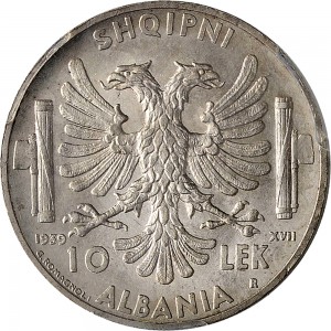 1734R 10 lek 1939 XVII Aquila bicipite Roma Argento